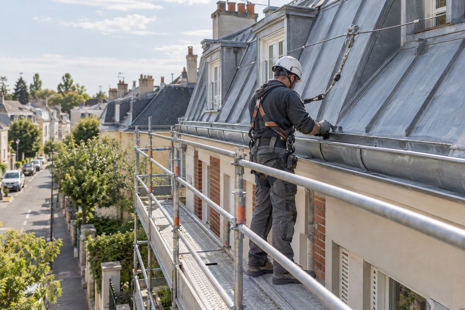 Couvreur casqué et harnaché sur un échafaudage avec garde-corps, travaillant sur une toiture mansardée en zinc.