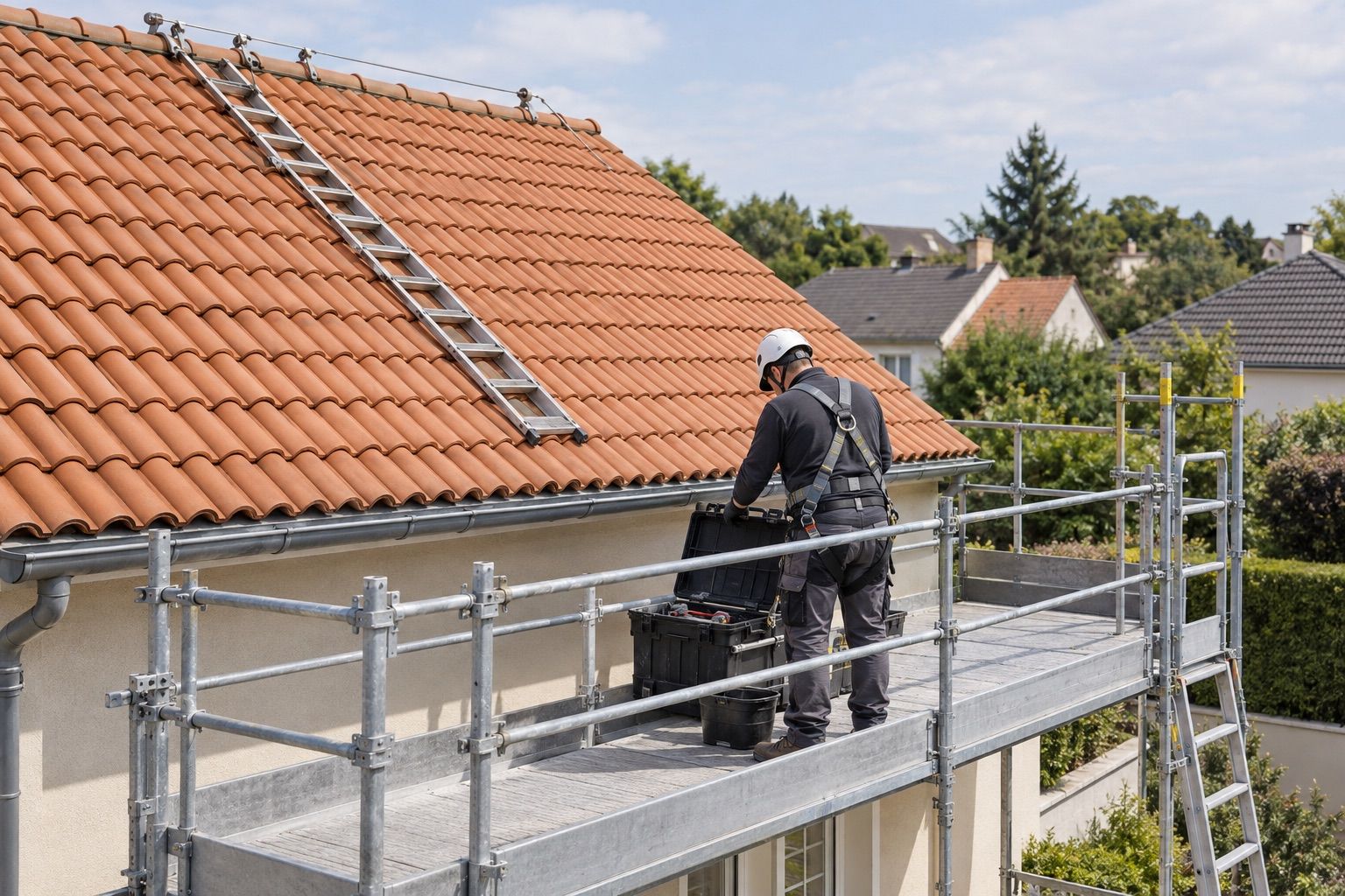 Toiture en tuiles propre après traitement, couvreur rangeant du matériel sur un échafaudage avec garde-corps.