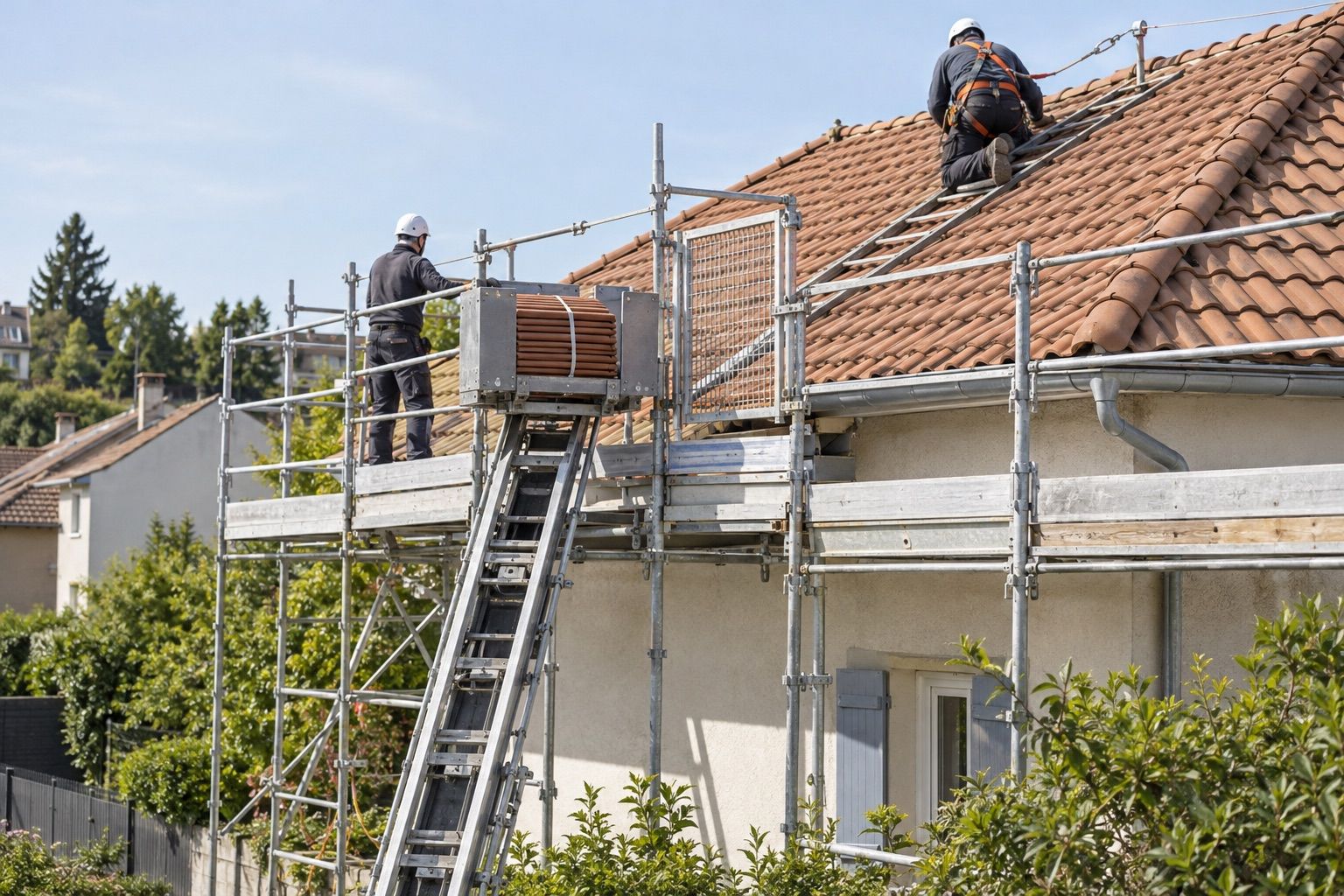 Monte-matériaux soulevant des tuiles vers un échafaudage avec garde-corps, près d’un couvreur casqué.