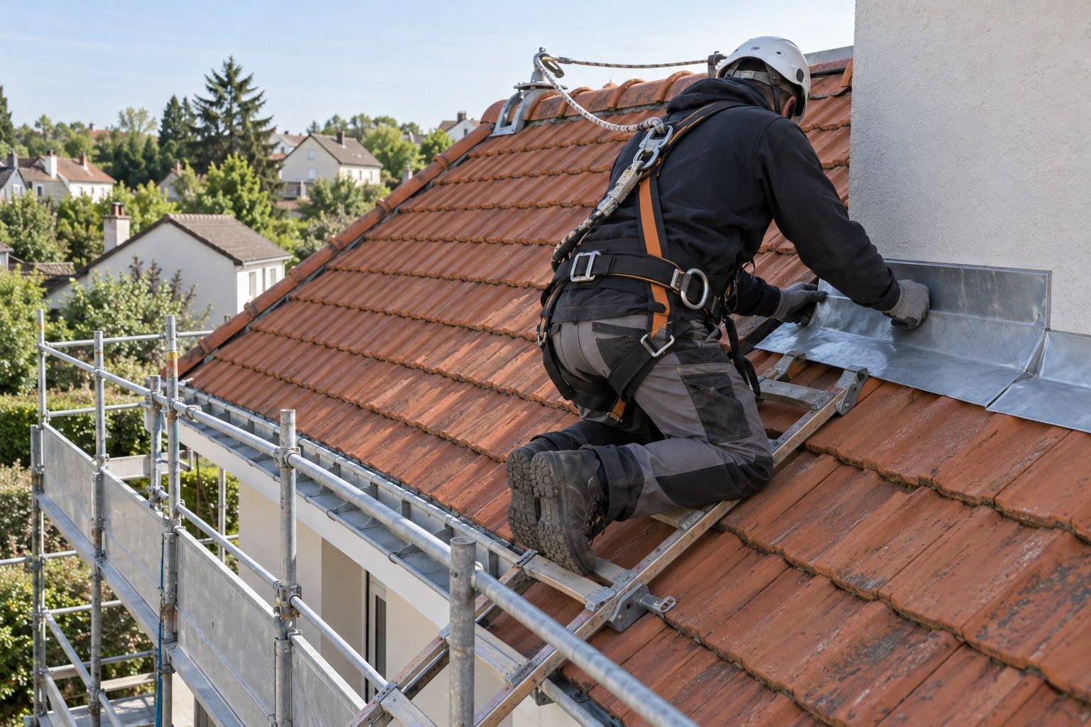 Mains gantées posant un solin en zinc au pied d’un mur sur une toiture.
